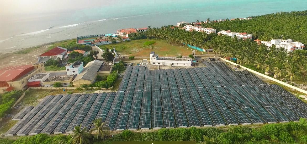 Aerial view of Solar Panels at Kavaratti Solar Plant, Lakshadweep